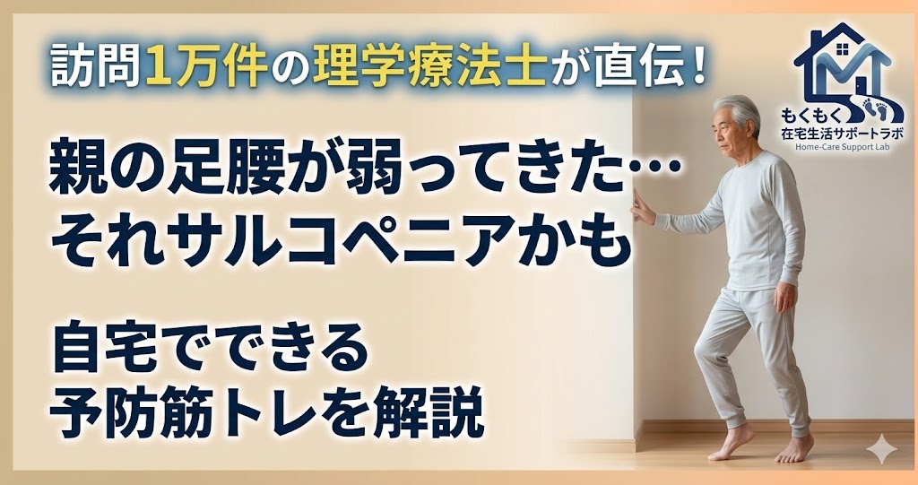 足腰が弱ってきた高齢の親を支える家族のイラスト