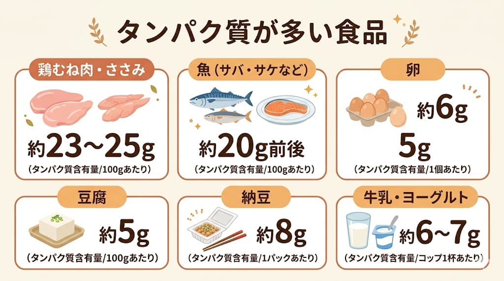 タンパク質が多い食品(鶏肉・魚・卵・豆腐・納豆・牛乳)を並べたイラスト