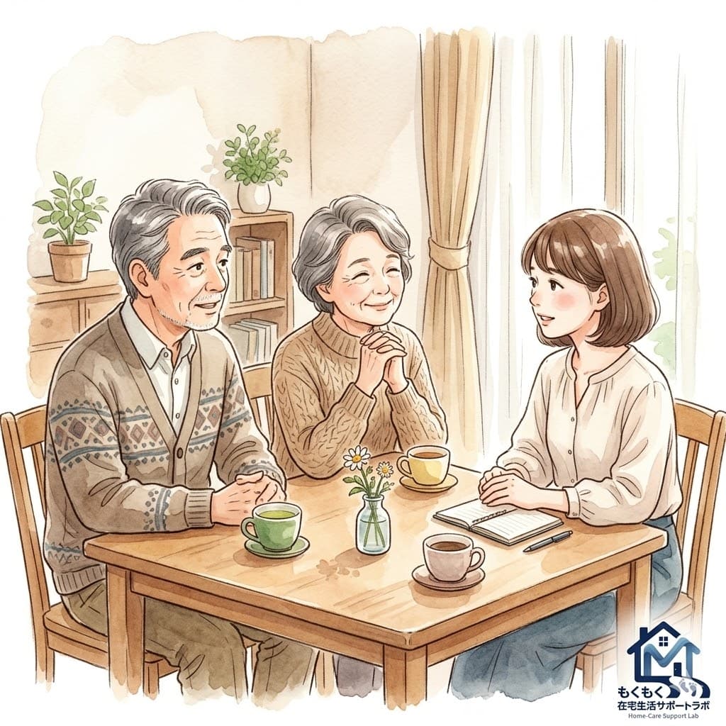 高齢の両親と娘が自宅のリビングで穏やかに話し合っている水彩イラスト