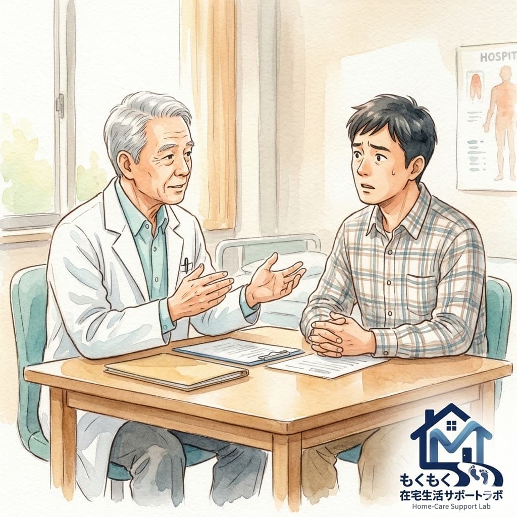 病院の廊下で医師が家族に治療方針を説明している水彩イラスト