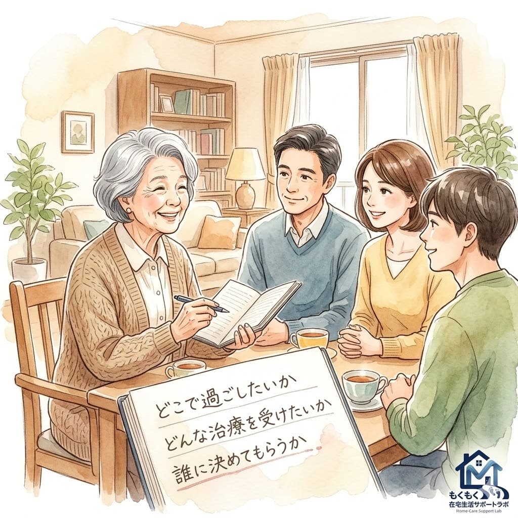 高齢者がノートを手に家族と向き合ってACPを話し合っている水彩イラスト