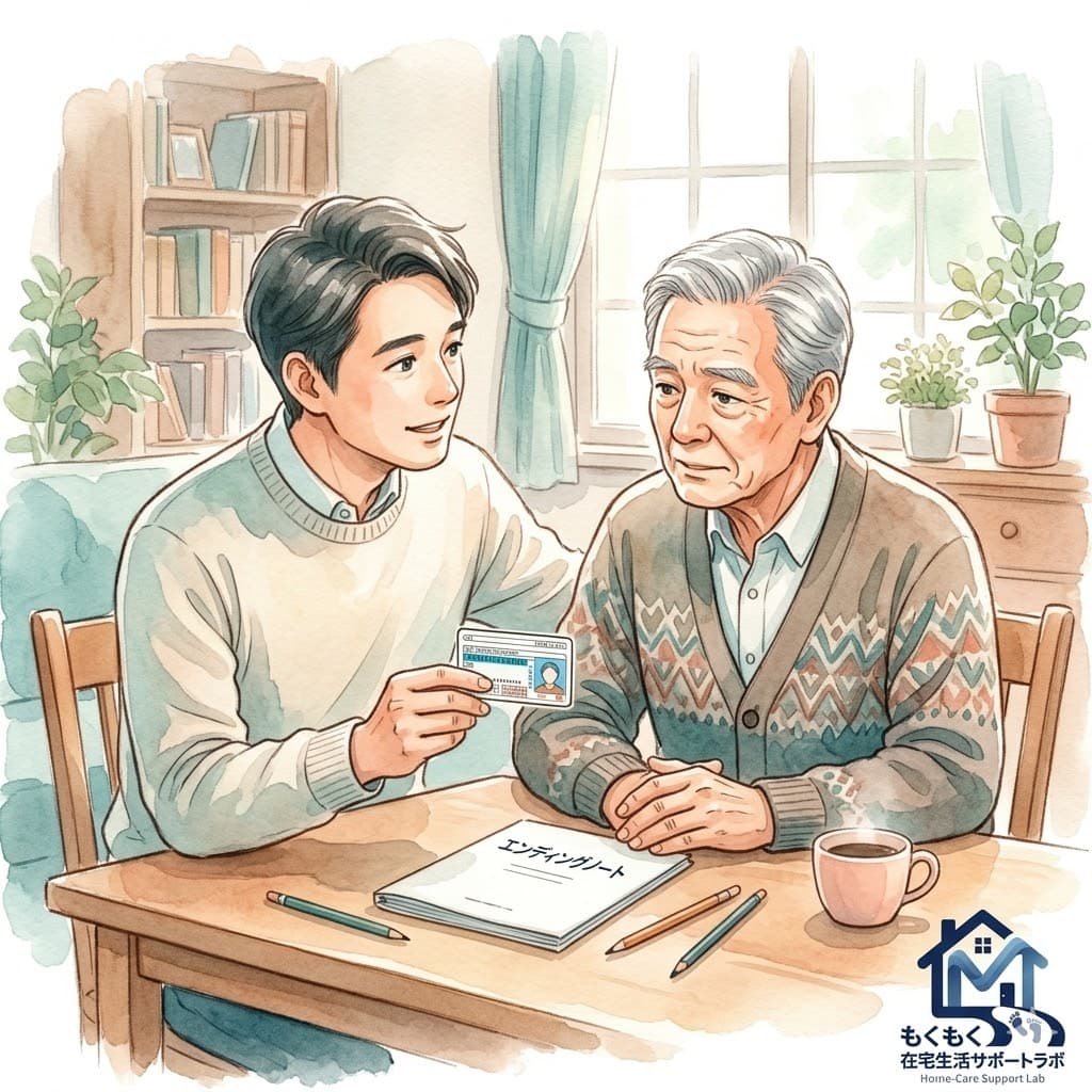 子どもが運転免許証を手に持ちながら親と話しているシーンの水彩イラスト