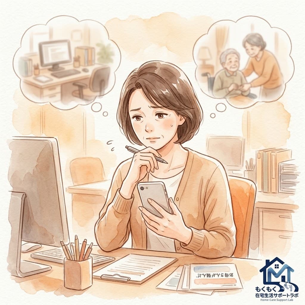 仕事と介護の板挟みで悩む女性のイラスト