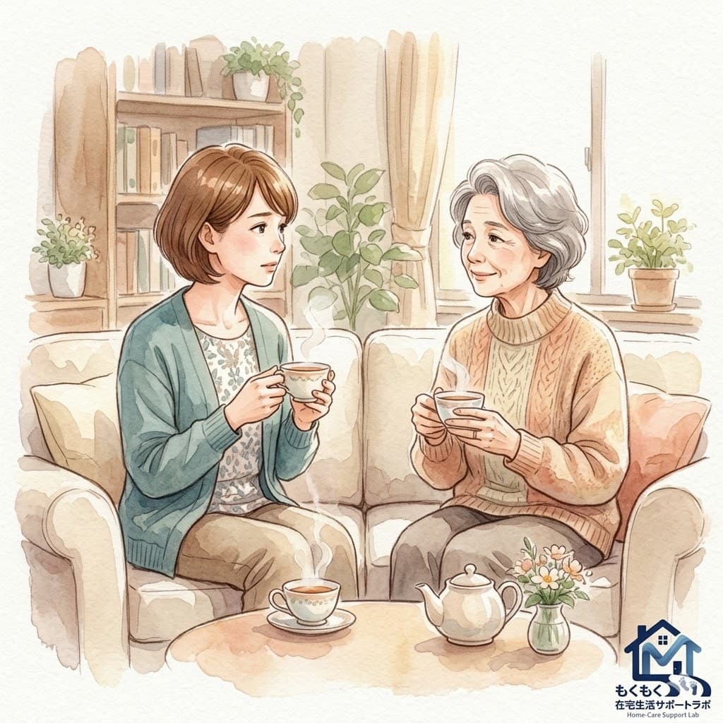 親と子がリビングでお茶を飲みながら生前整理について話し合うイラスト