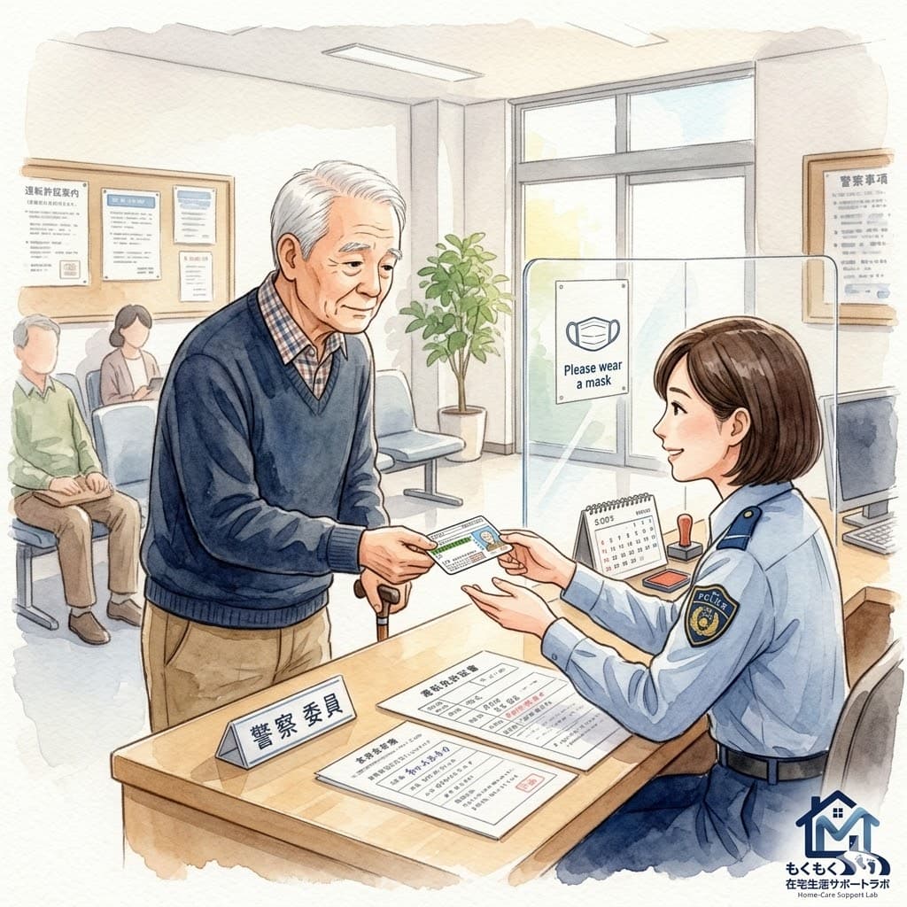 警察署の窓口で免許証を返納する高齢男性のイラスト|在宅生活サポートラボ
