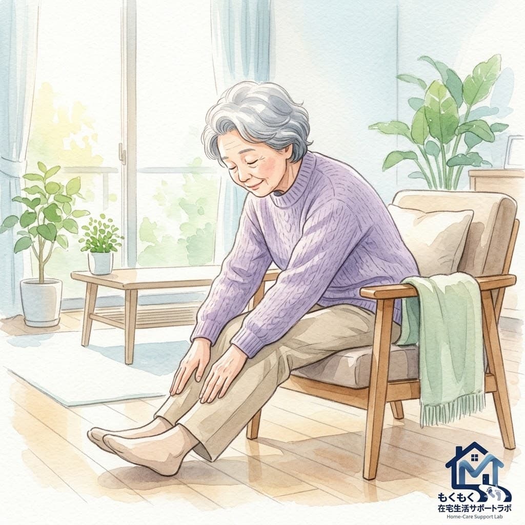 椅子に座って前屈ストレッチをする高齢者のイラスト(脊柱管狭窄症)