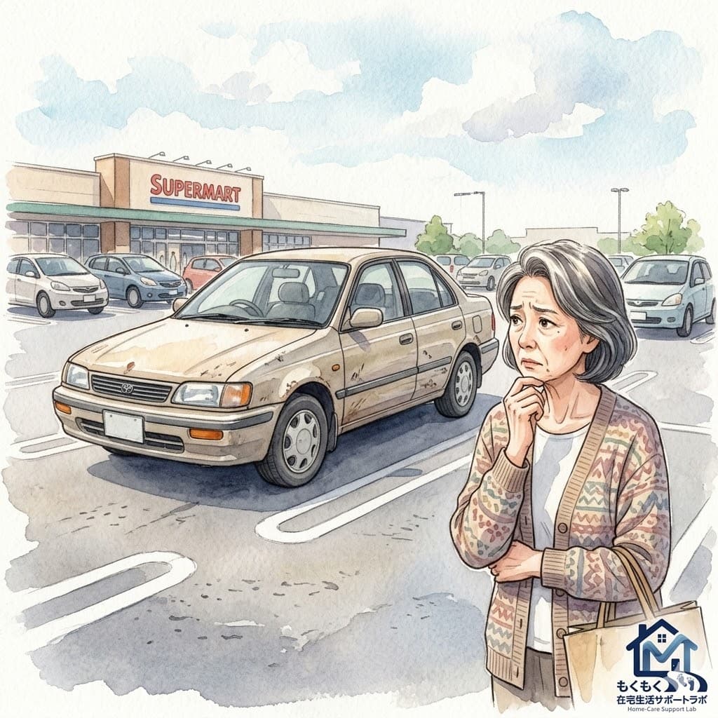 駐車場で斜めに止まった車を心配そうに見ている女性のイラスト|在宅生活サポートラボ