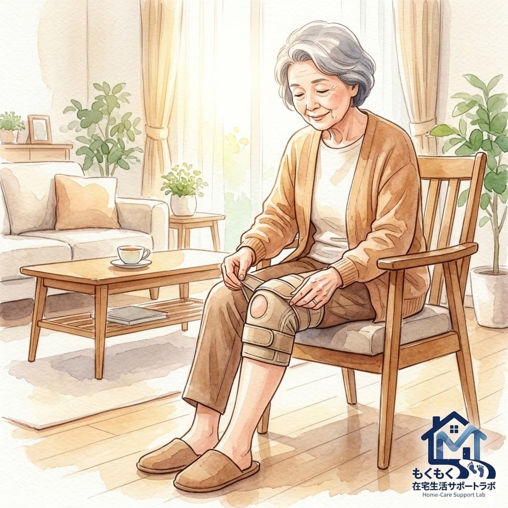 膝サポーターをつけて正しく歩く高齢者