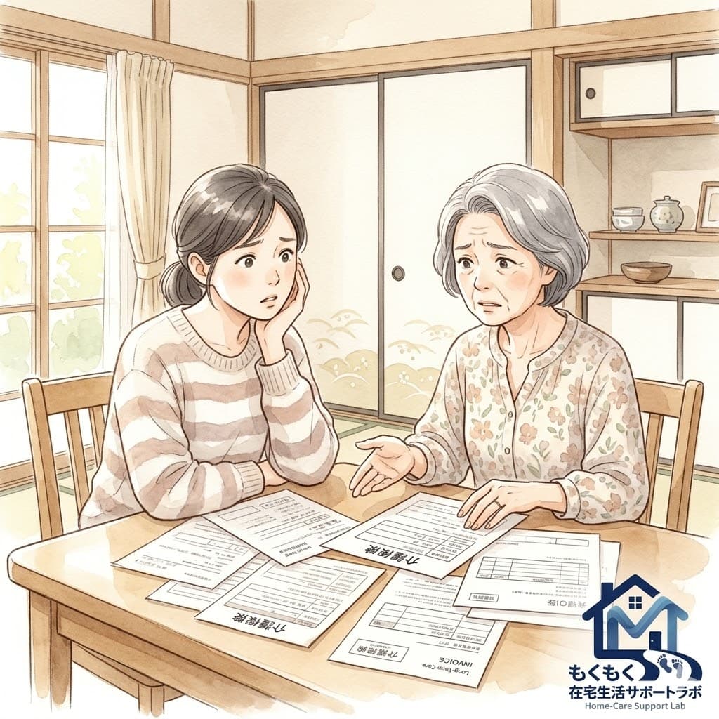 介護費用の書類を見て困惑している家族のイラスト