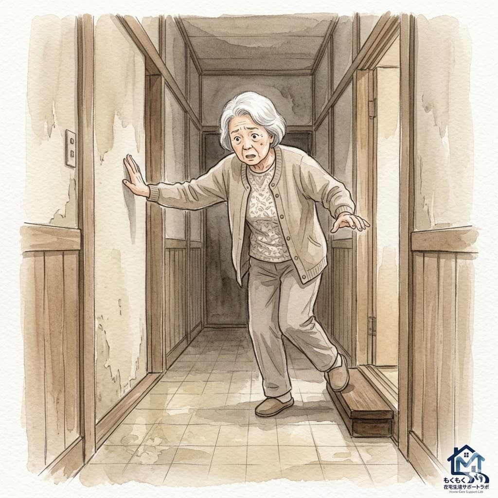 高齢女性が自宅廊下の敷居につまずきかけているイラスト｜在宅生活サポートラボ