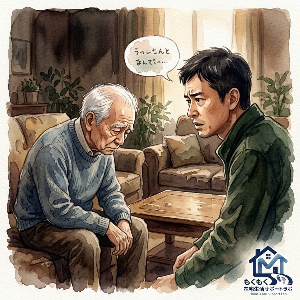 認知症の親にNG言葉を言ってしまう家族を描いた透明水彩イラスト