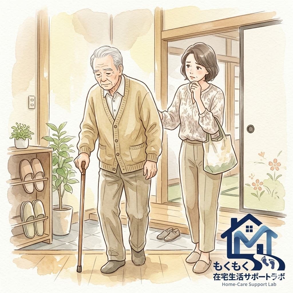 帰省した娘が高齢の父の歩行の変化に気づいているイラスト