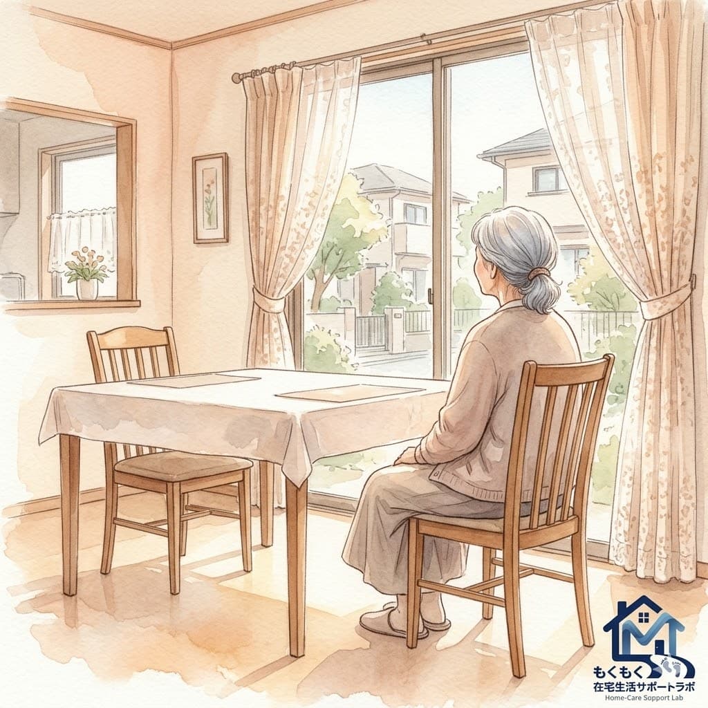 窓の外を静かに眺める一人暮らしの高齢女性のイラスト