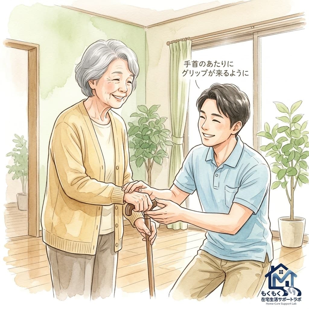 手首の高さで杖のグリップを合わせているイラスト