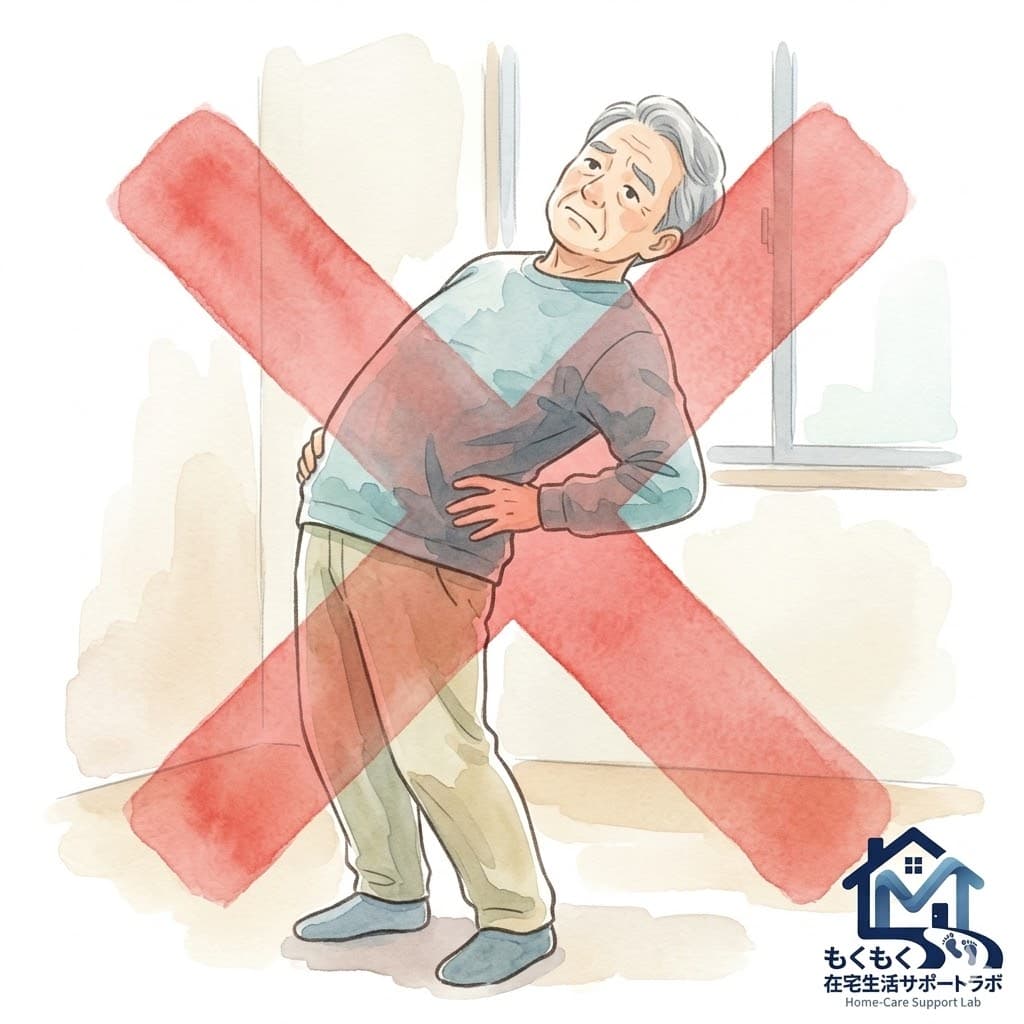 腰を反らすNG動きにバツ印のついた脊柱管狭窄症の注意イラスト