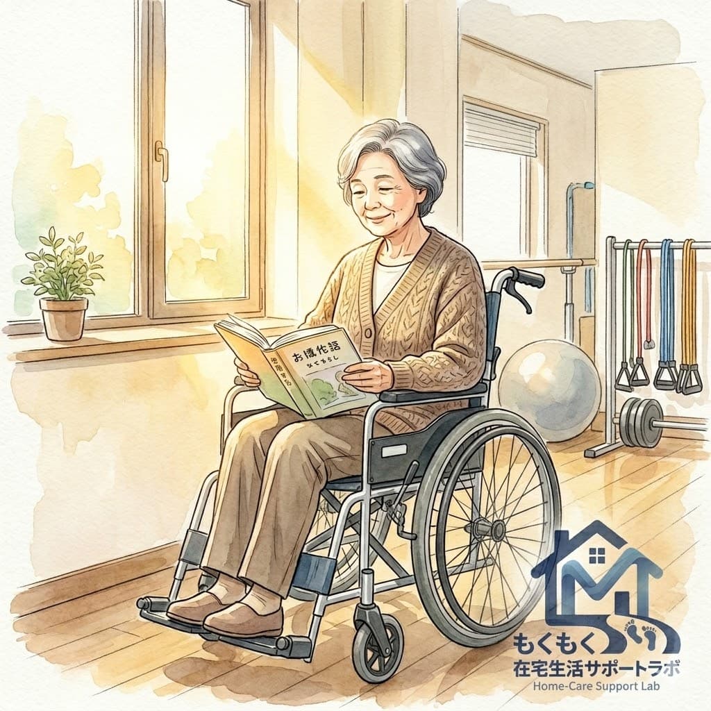 車椅子でリハビリに前向きに取り組む高齢女性のイラスト