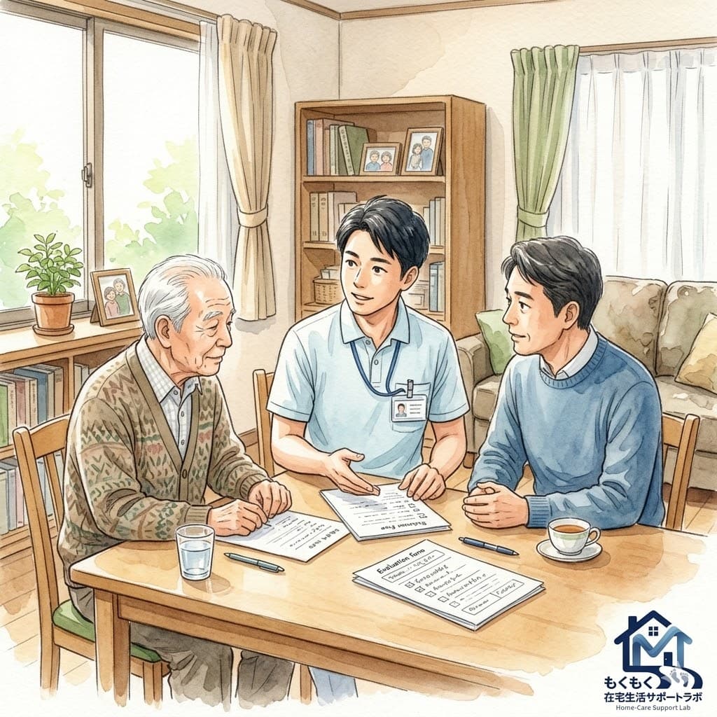 訪問PTが高齢者と家族に認知機能評価を説明しているイラスト|在宅生活サポートラボ
