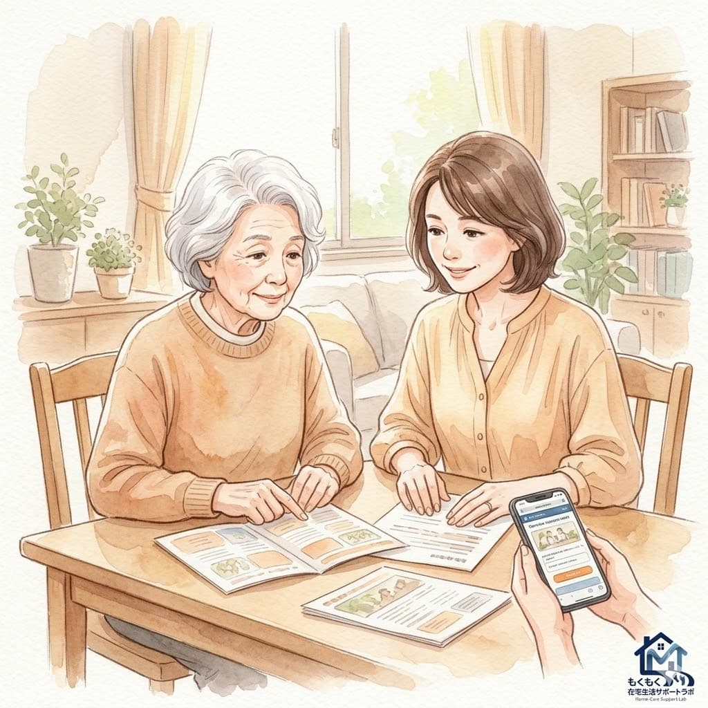 高齢の母と娘がリビングでセコムのパンフレットを一緒に確認するイラスト