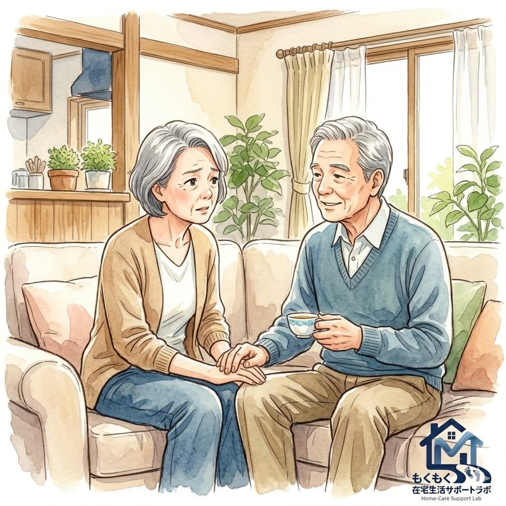 同じ話を繰り返す父の話を心配そうに聞く娘のイラスト
