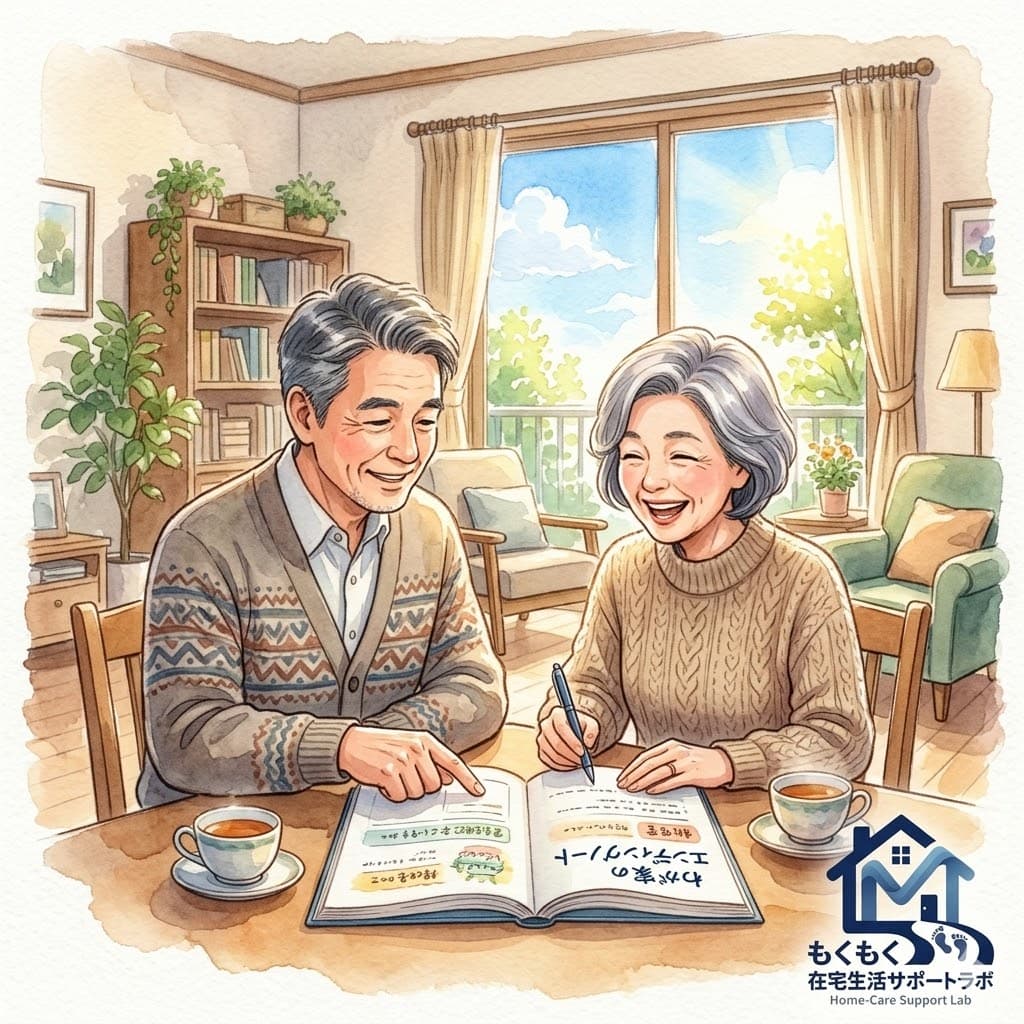 60代夫婦がリビングでエンディングノートを広げて話し合うイラスト