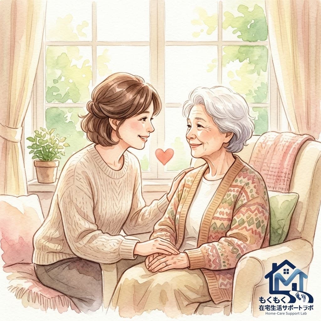 認知症の親に優しく声かけをする家族を描いた透明水彩イラスト