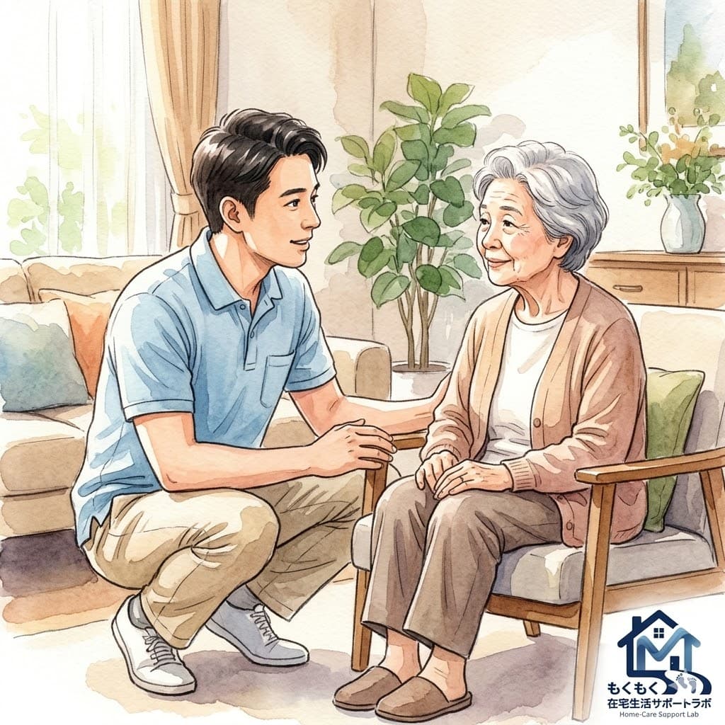 理学療法士が高齢者の目線に合わせてしゃがみ込み、優しく話しかけている場面のイラスト