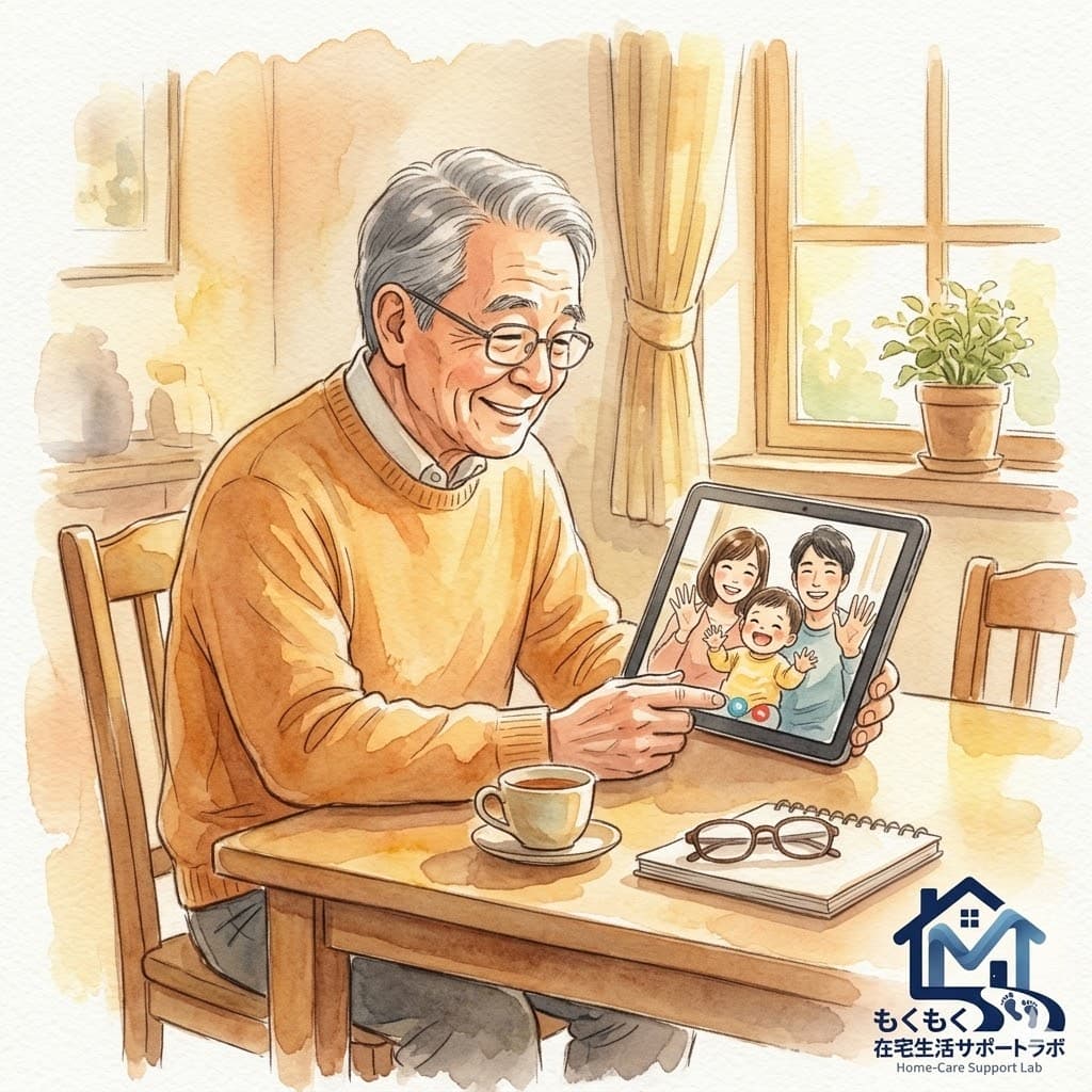 タブレットで家族とビデオ通話する高齢男性のイラスト