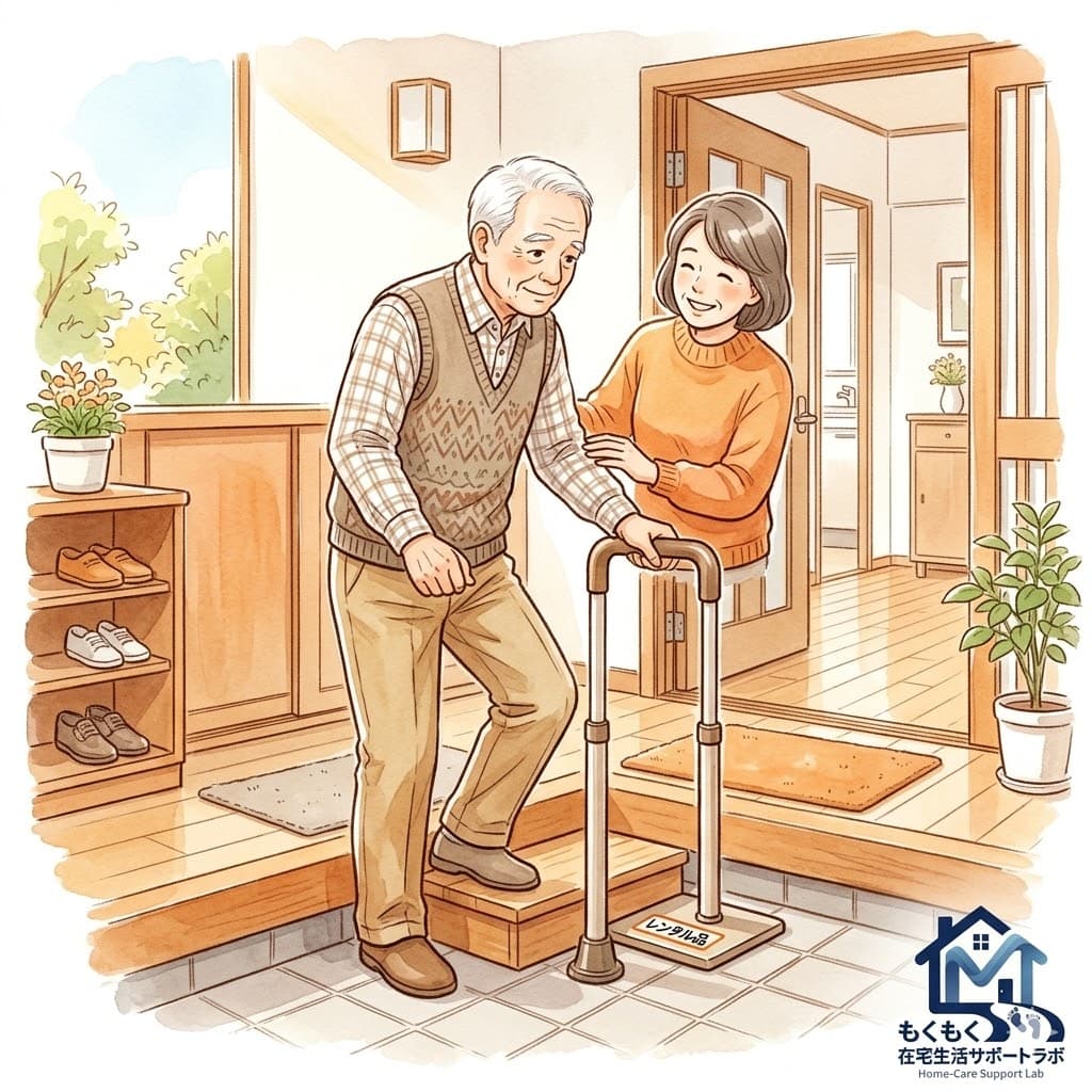 高齢男性が娘と一緒に玄関の置き型手すりを試しているイラスト｜在宅生活サポートラボ