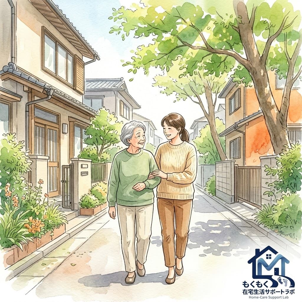 子どもと一緒に近所を散歩する高齢者のイラスト