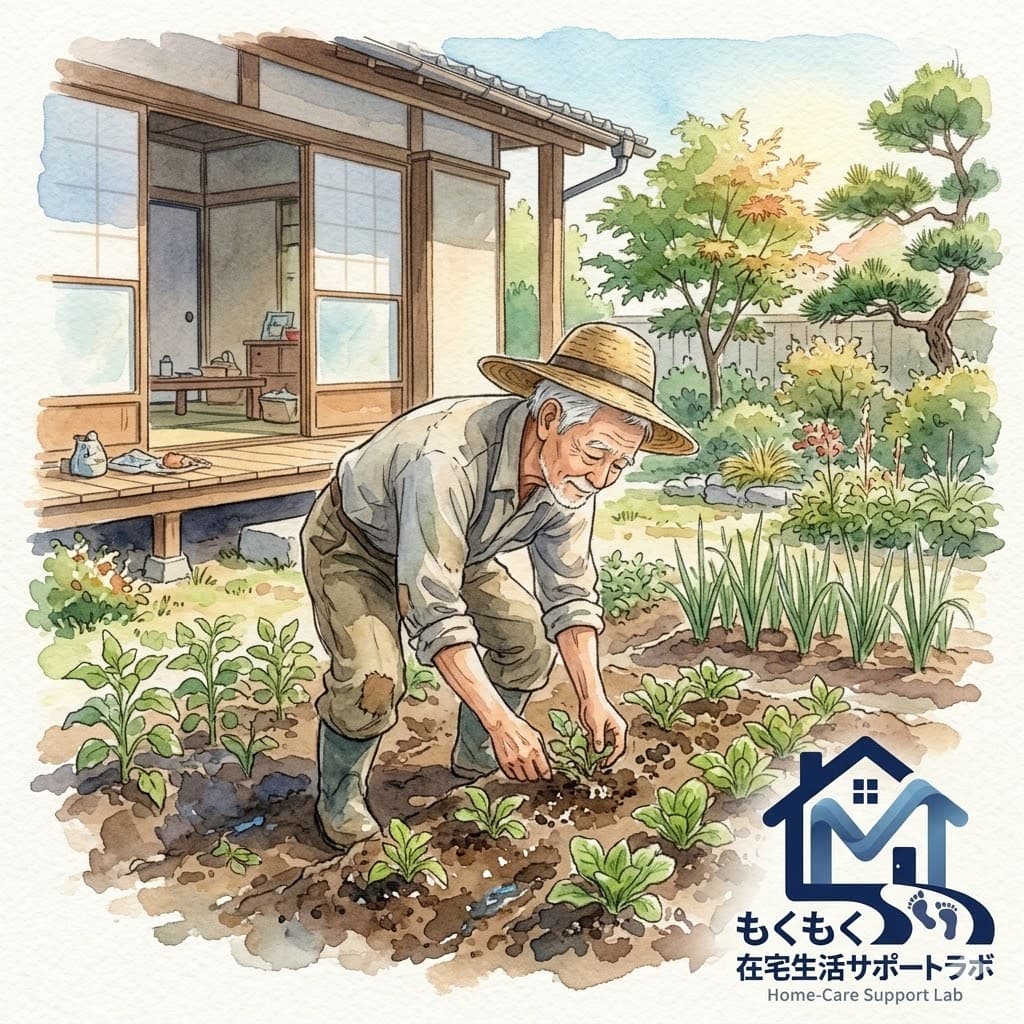 自宅の庭で畑仕事をする高齢男性のイラスト