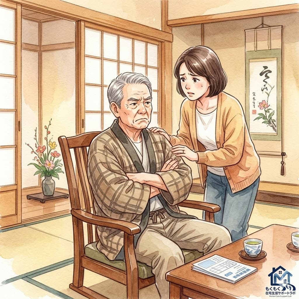 高齢の父親が腕を組んで病院への受診を拒否し、娘が心配そうに見ている場面のイラスト
