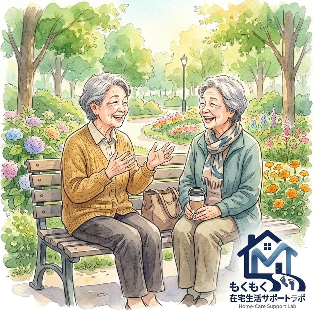 公園のベンチで友人と楽しそうに会話する高齢女性2人のイラスト