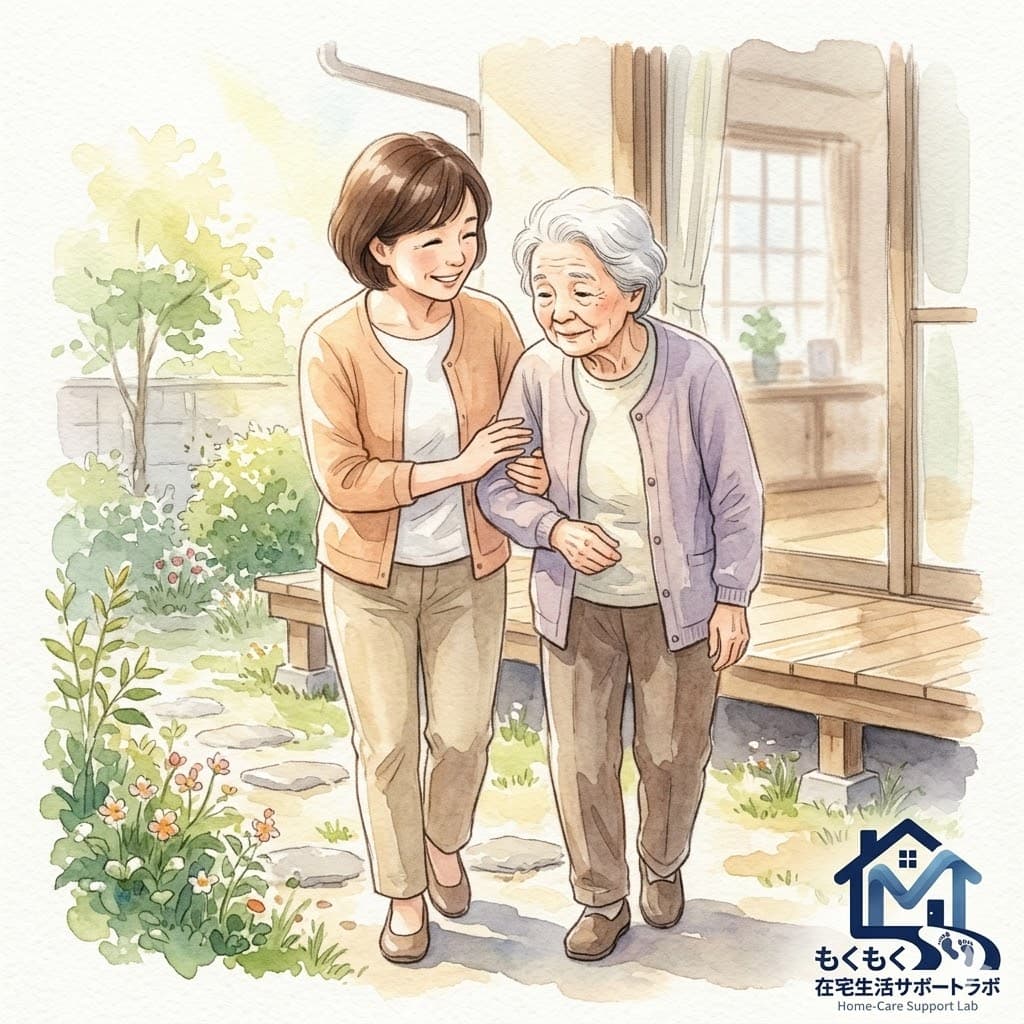 家族が高齢の親の歩行をサポートしているイラスト