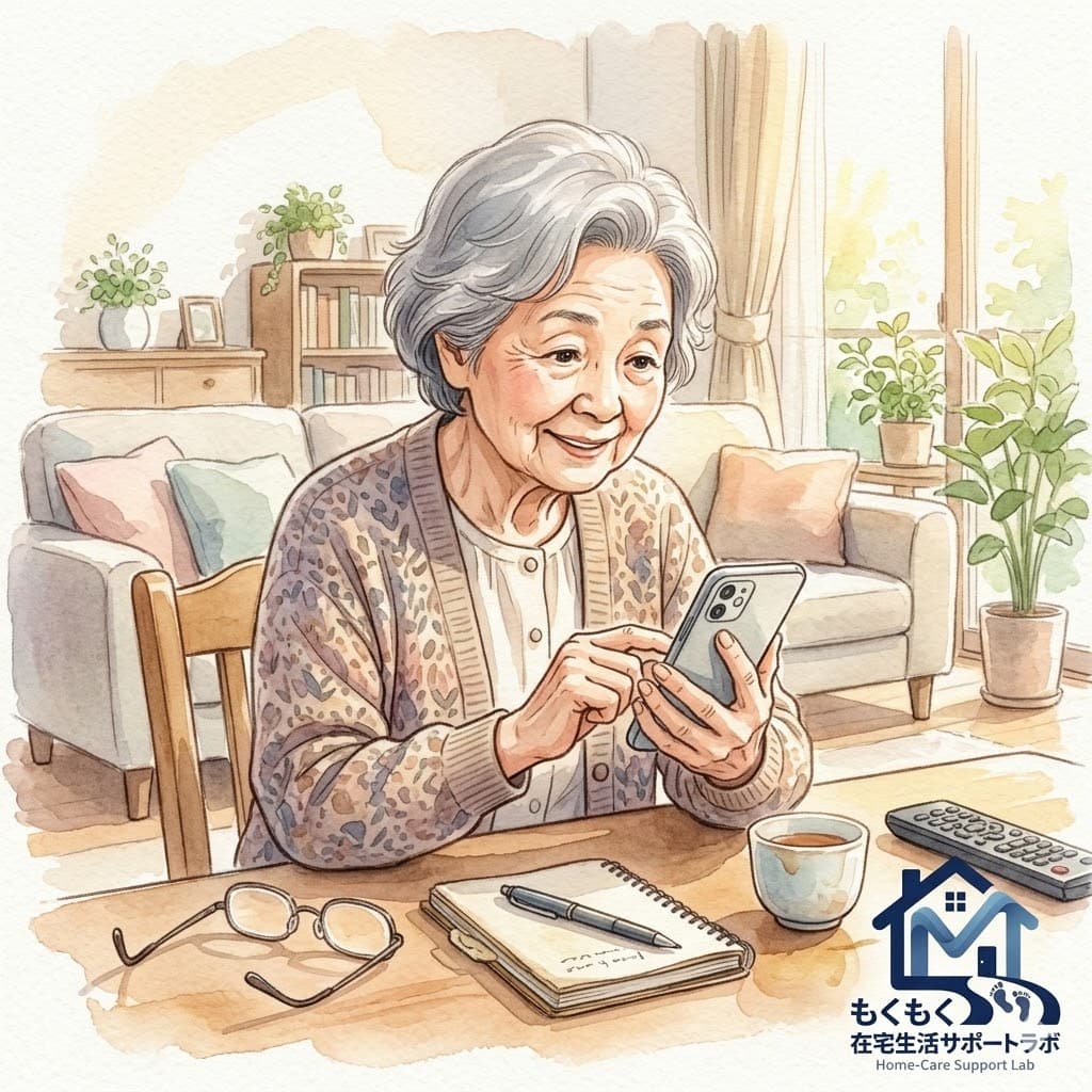 スマートフォンを操作する80代高齢女性の透明水彩イラスト|好奇心が健康寿命を左右するセクション