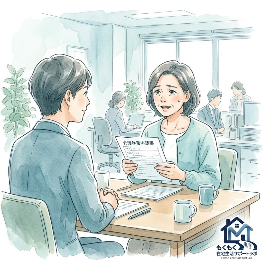 職場で介護休業について相談する女性のイラスト
