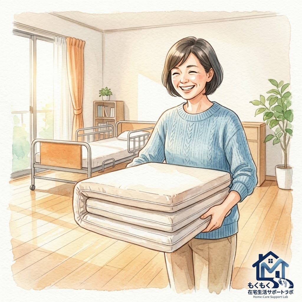 グースリーマットレスを薄い布団の上に重ねて付き添い寝をする女性のイラスト
