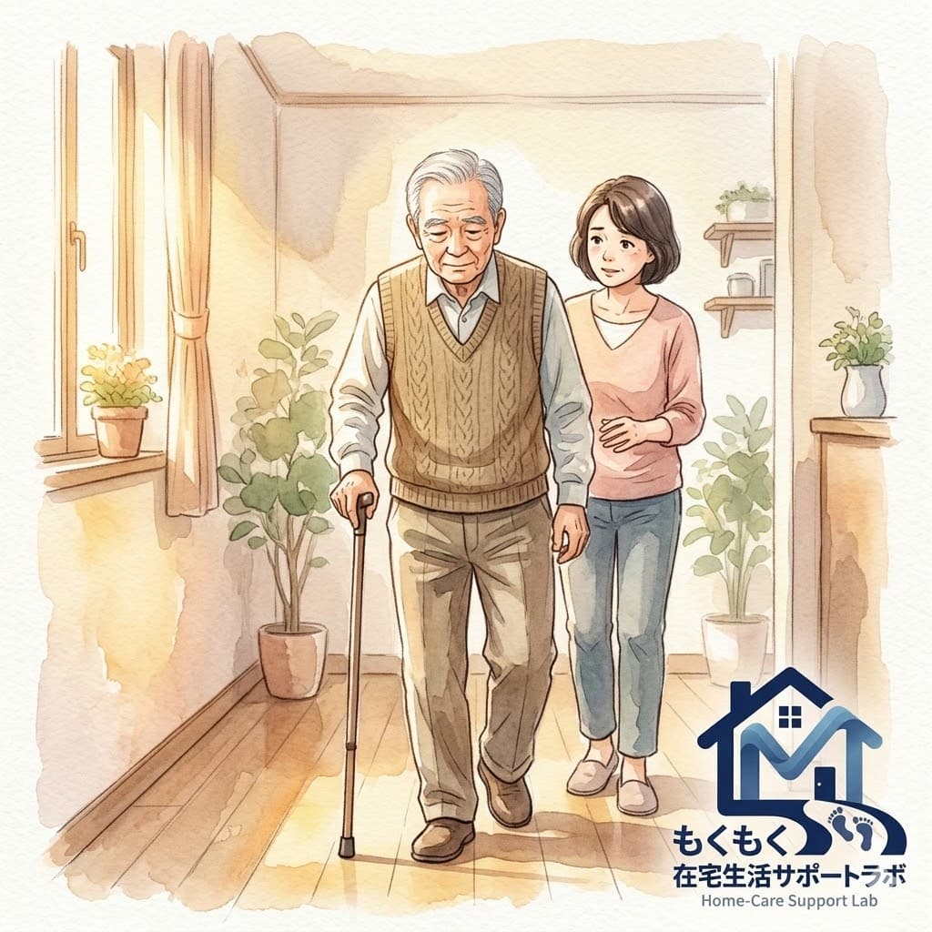 室内でゆっくり歩く高齢男性を見守る娘の透明水彩イラスト|家族のサポートセクション