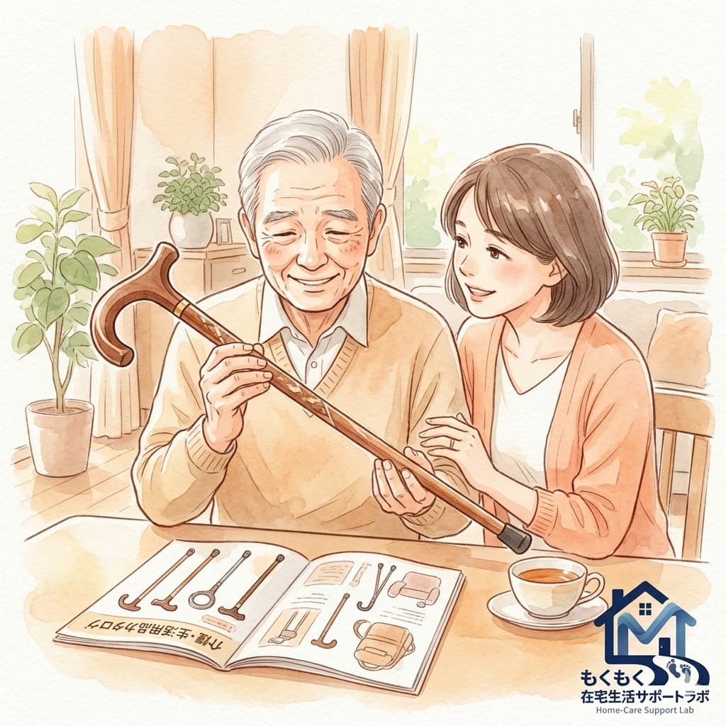 家族が高齢の親に杖をすすめているイラスト
