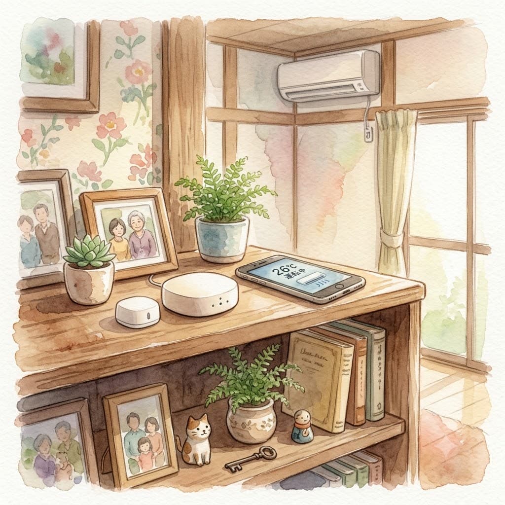 スマートフォンでSwitchBotを操作して遠隔からエアコンをつけるイラスト