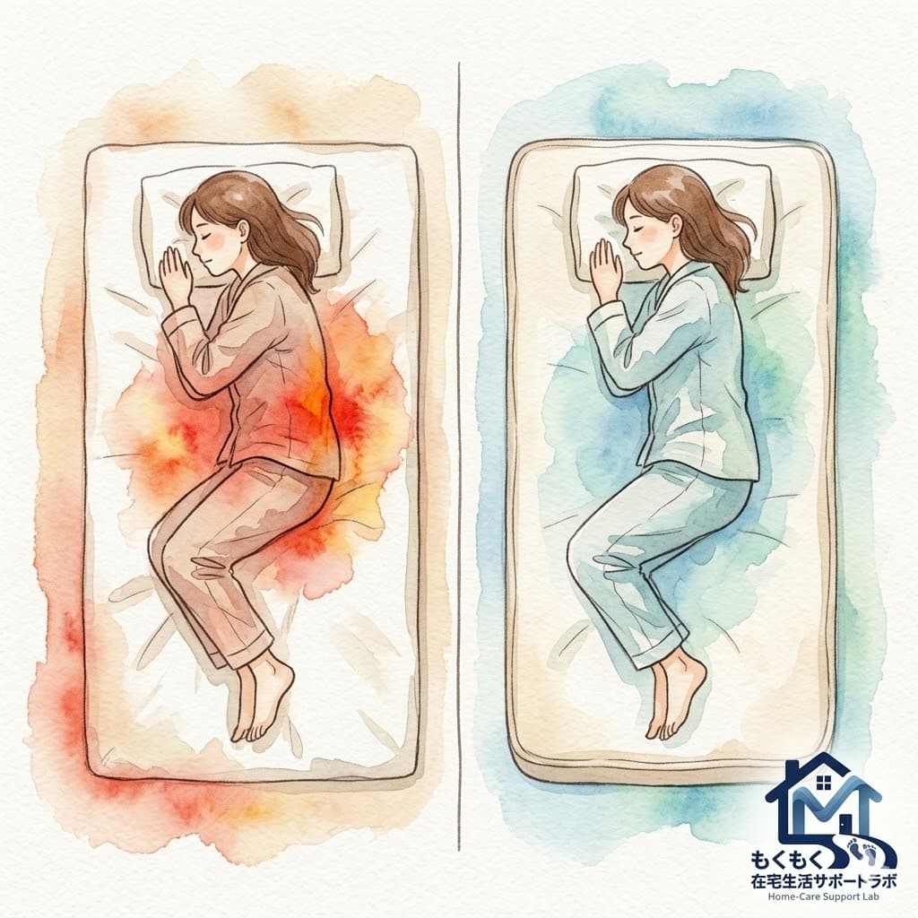 硬い床に薄い布団では体圧が腰に集中することを示した寝具と腰の関係のイラスト