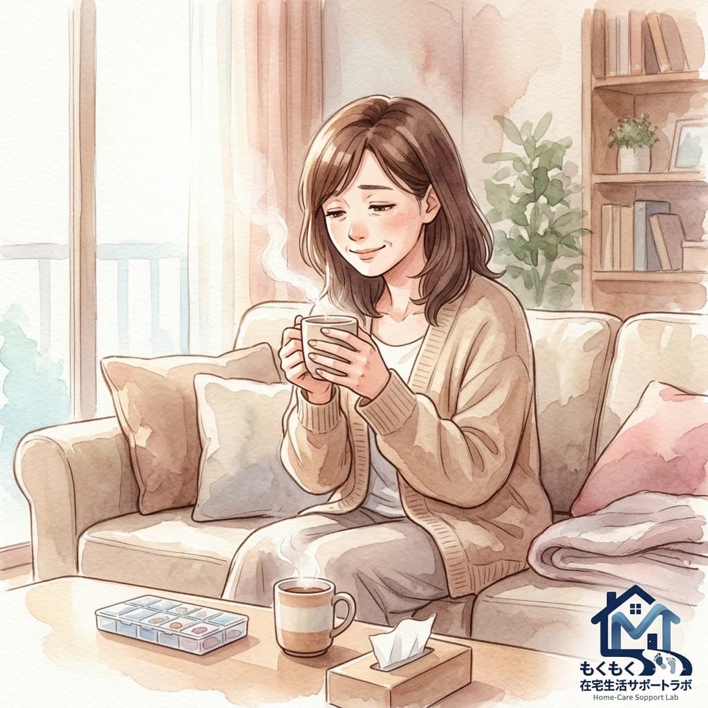 介護の合間に一息つく家族を描いた透明水彩イラスト