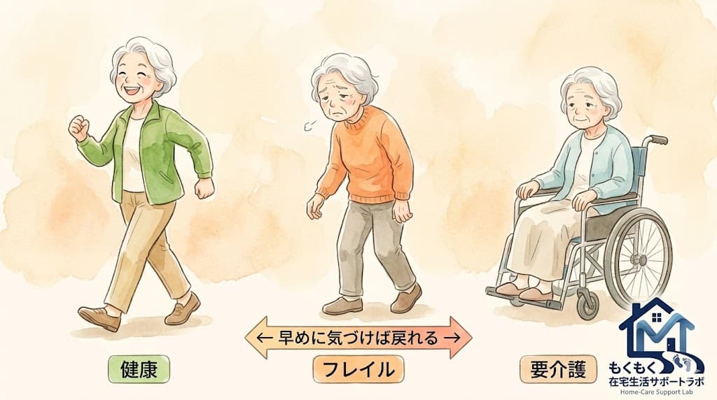 フレイルの進行段階を示すイラスト(健康・プレフレイル・フレイル・要介護)
