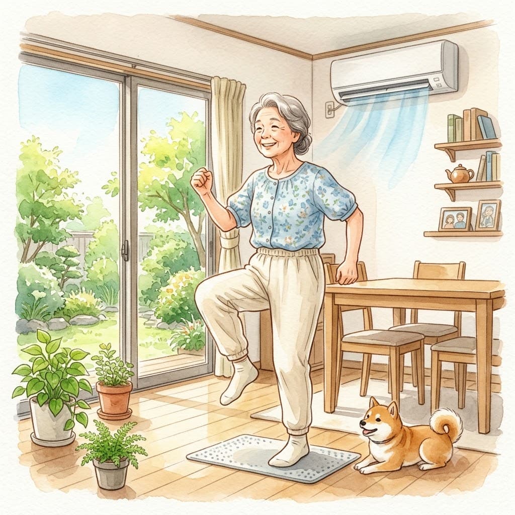 高齢者が室内で軽い体操をする様子のイラスト