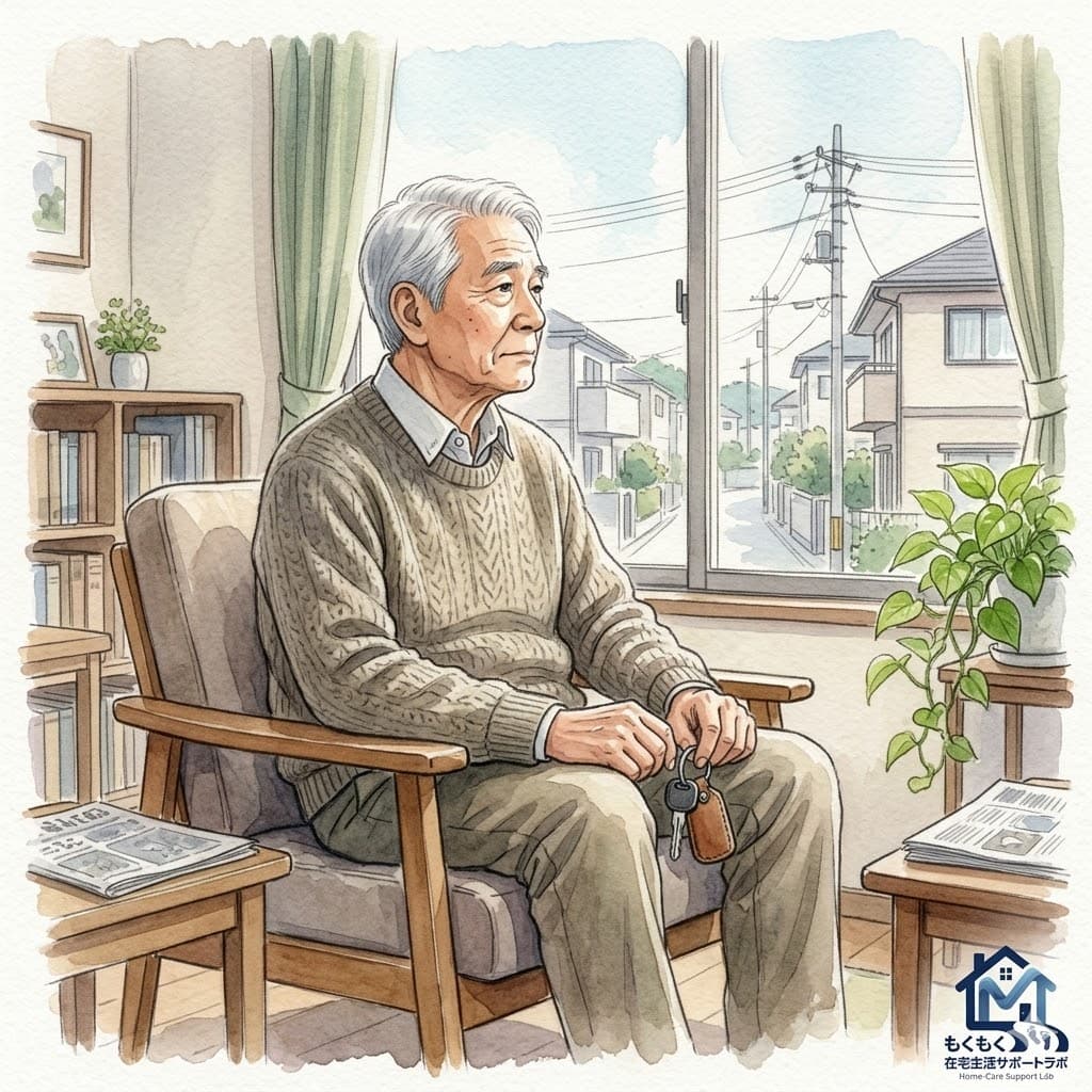 高齢男性が車のキーを握りしめながら窓の外を見つめているイラスト|在宅生活サポートラボ