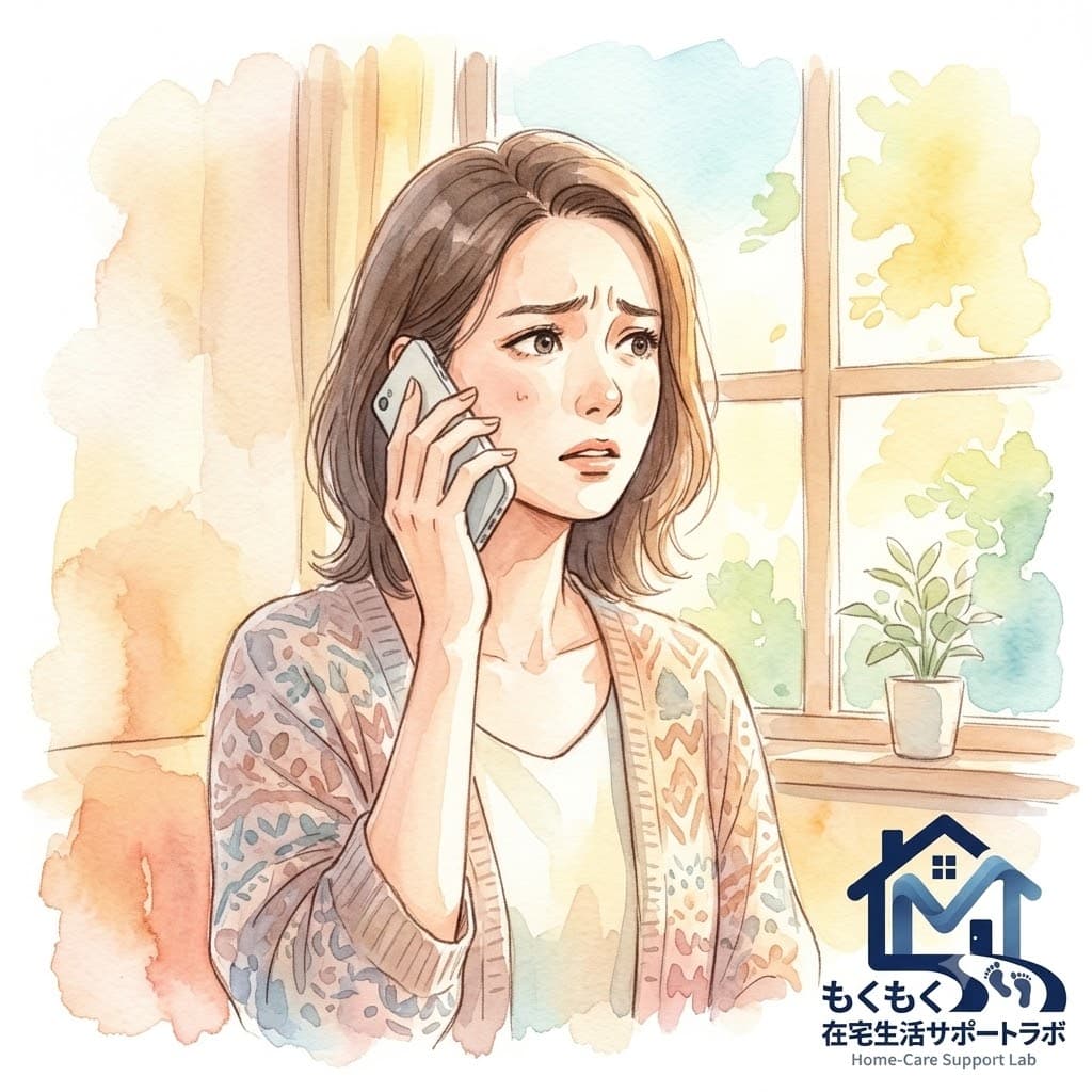 高齢者がエアコンを嫌がり家族が困っている様子のイラスト