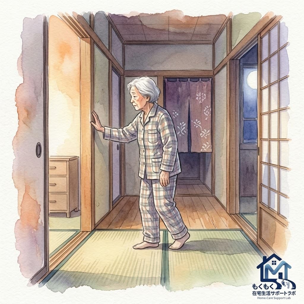 夜中のトイレ付き添いで床に寝ることを繰り返し腰や首を痛める介護家族のイラスト