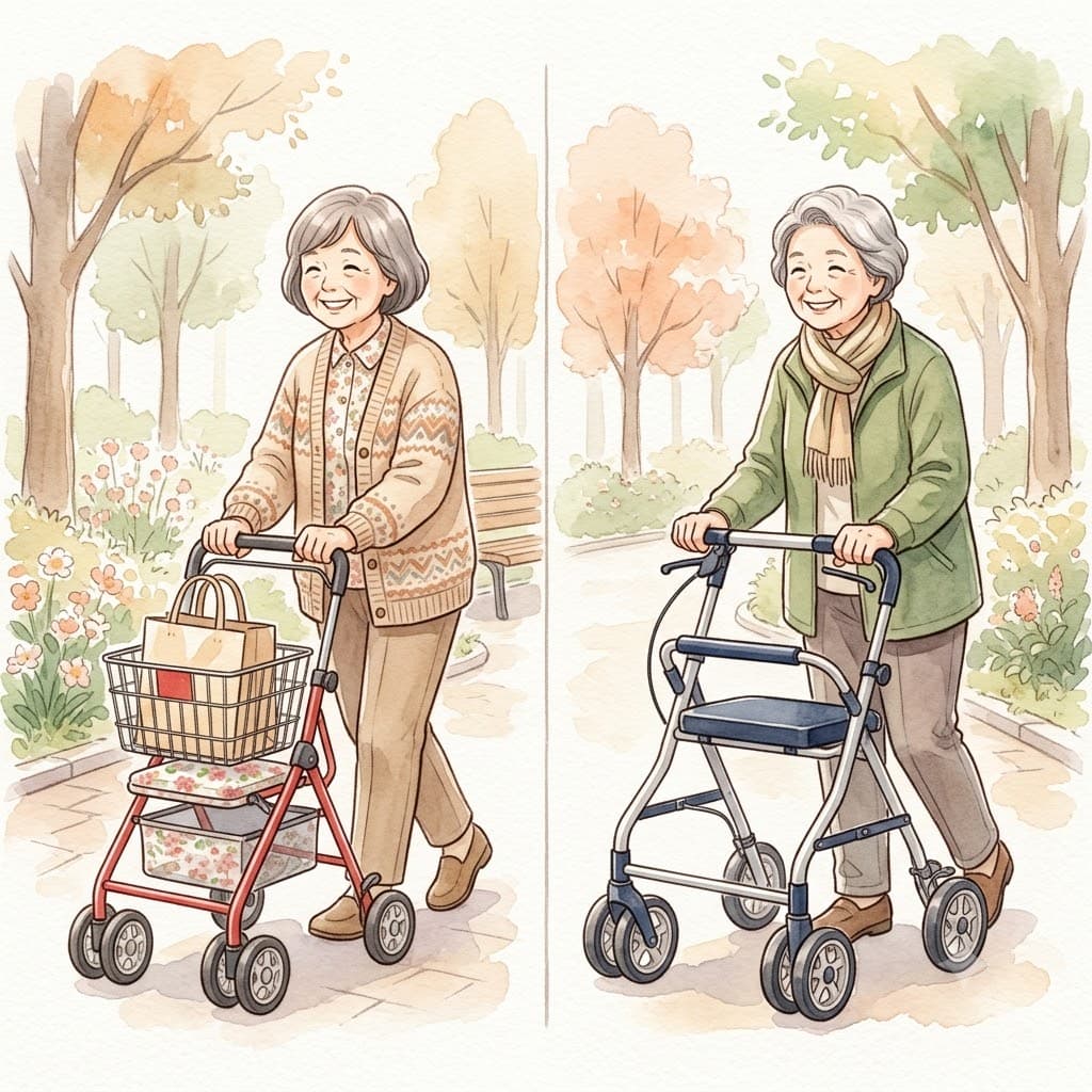 歩行車とシルバーカーを並べて違いを比較するイラスト