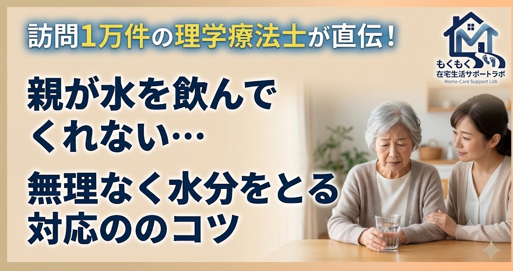 水分を取りたがらない高齢の親に家族がやさしく飲み物をすすめる様子（記事タイトル入りアイキャッチ）
