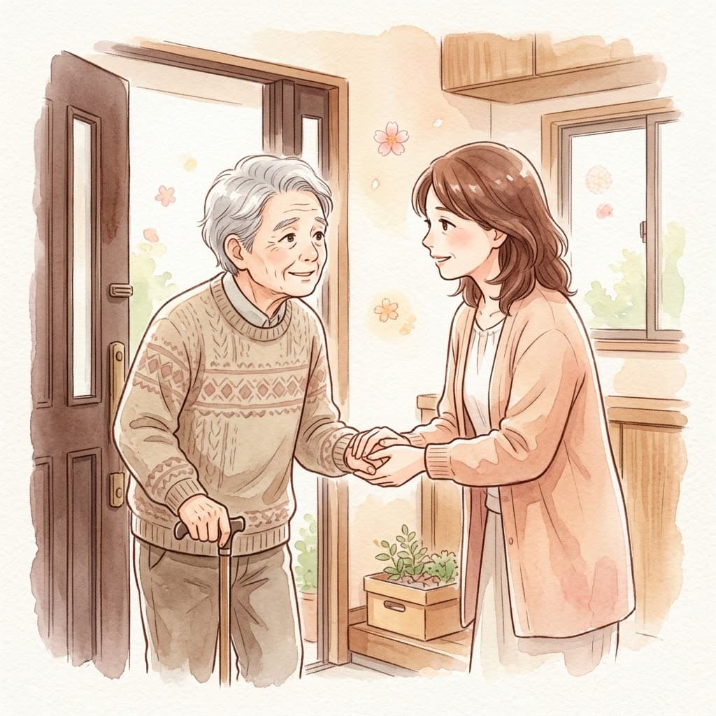 玄関先で否定せず高齢の親にやさしく声をかける家族のイラスト