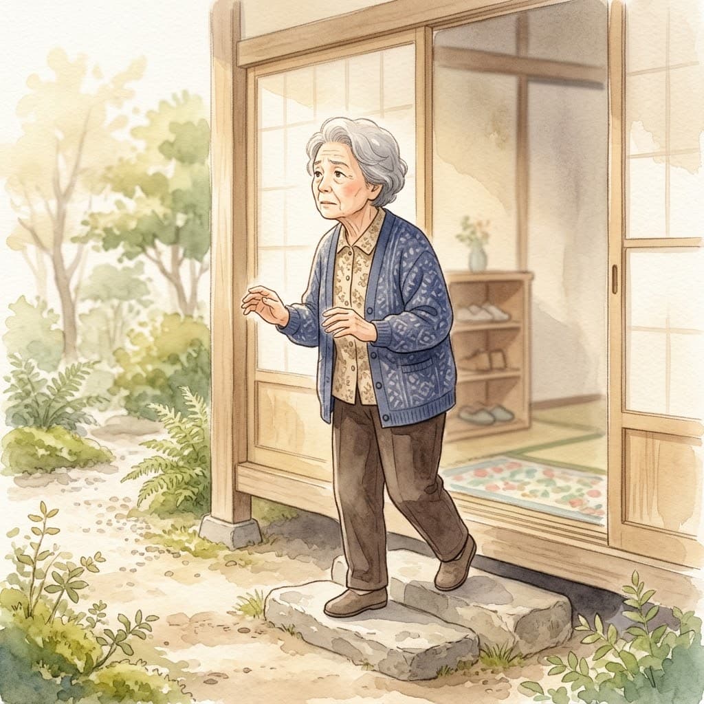 家の中を歩き回る高齢の親と、その理由を見守る家族の水彩イラスト
